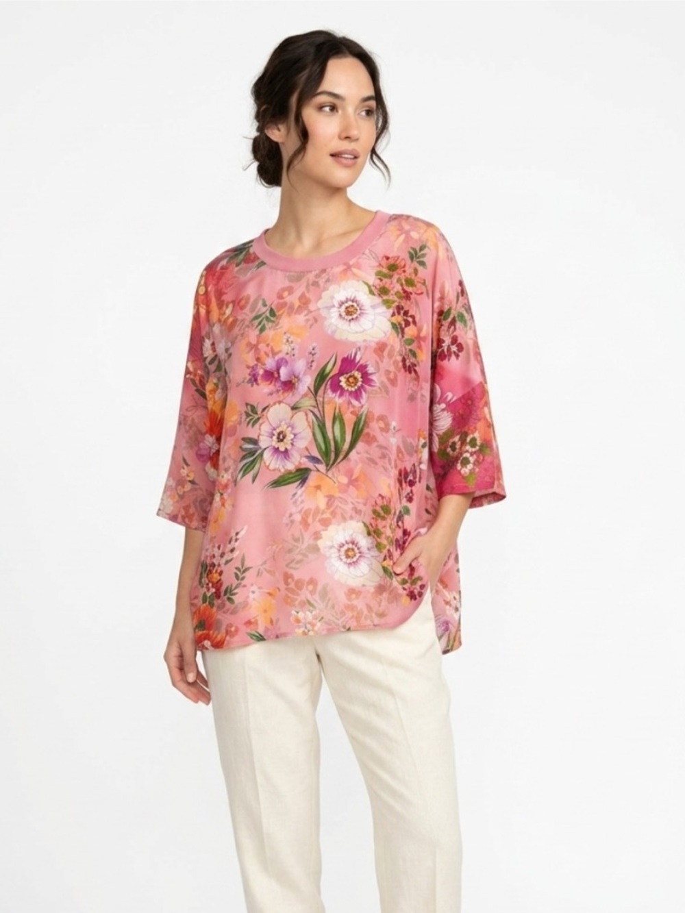 JOHNNY WAS 100% SILK OVERSIZED FLORAL PINK BLOUSE SZ XL